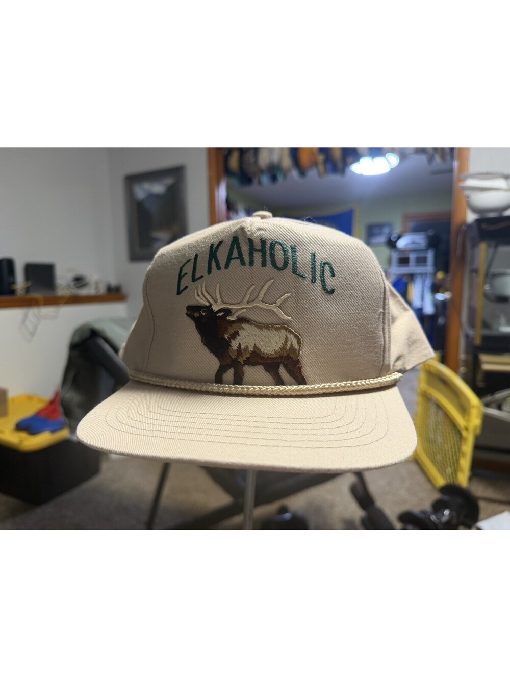 Vintage 90s Sportsman Elkaholic Tan Adjustable SnapBack Hat / Elk